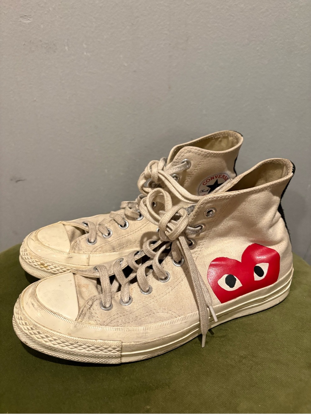 Converse High Top Sneakers in Cream with Red Heart Graphic